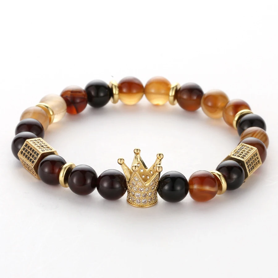 

HOBBORN Trendy Beads Women Bracelet Colorful Stripe Onyx Agat Handmade Strand Micro-inlaid Zircon Crown Luxury Female Bracelets