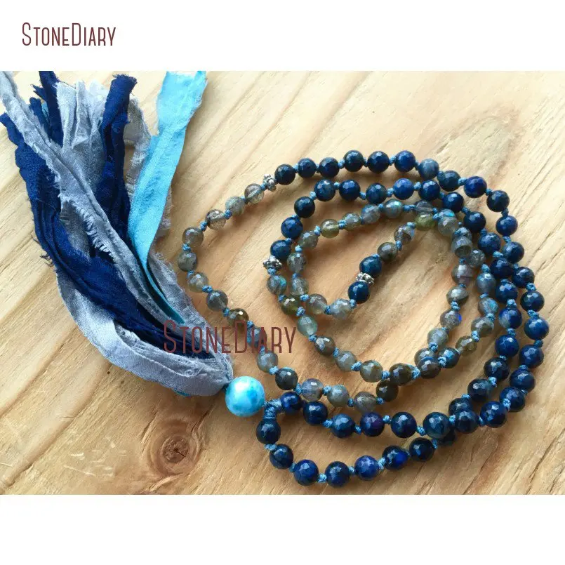 

New Design 108 Faceted Petite Labradorite Larimar and Dumortierite Mala Beads Silk Sari Tassel Necklace NM11086