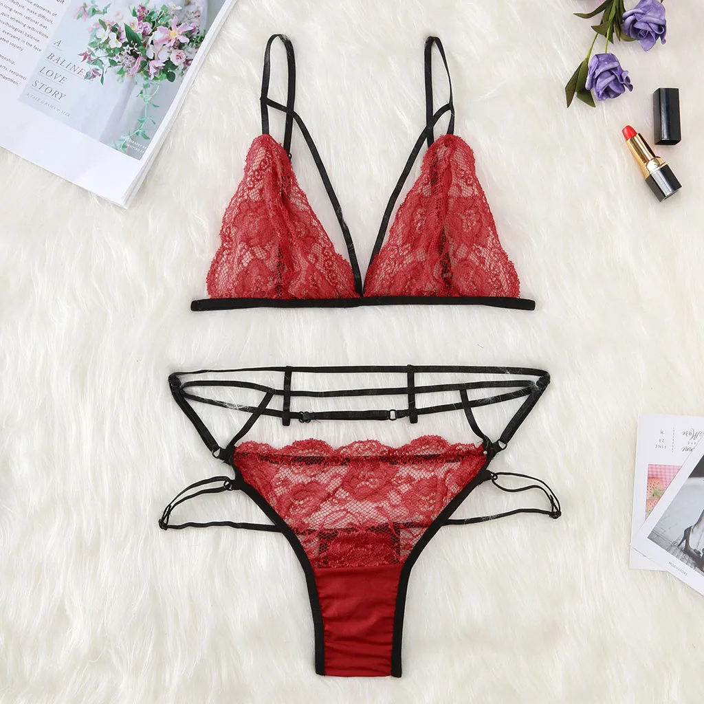 Women's Lace Hollow Openwork Sous Vetement Femme Sexy Ensemble Lenceria Mujer Perspective Underwear Transparent Bra 2 Piece Set | Женская