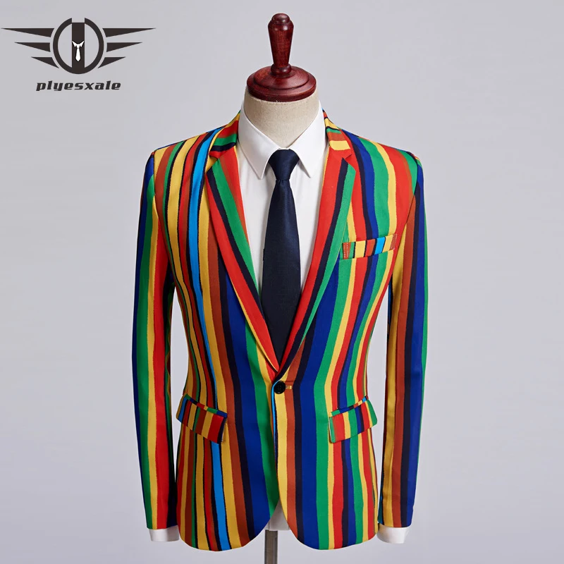 Plyesxale пиджак с принтом Для мужчин 2018 Осень Slim Fit s в разноцветную полоску Блейзер