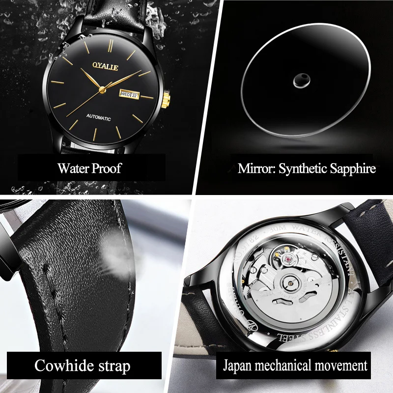 Мужские автоматические часы OYALIE роскошные механические с золотым циферблатом и