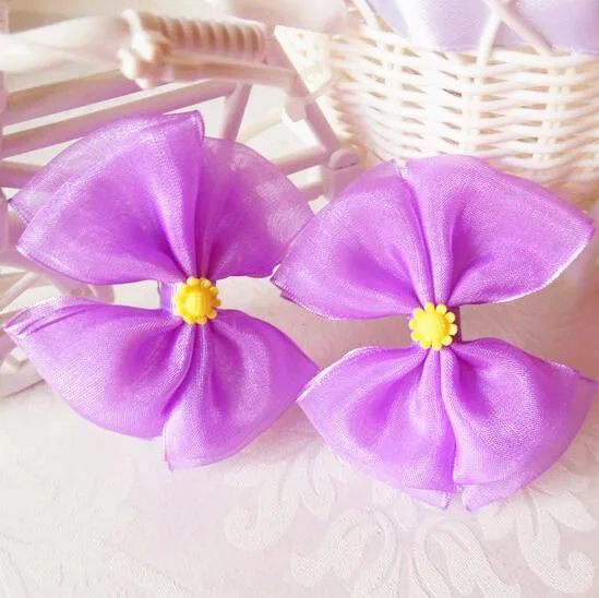 

Free Shipping 150pcs/lot Purple Organza Bow Hair Clip with Resin Sunflower