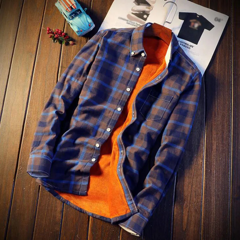 blue plaid Мужская клетчатая фланелевая рубашка, мужская повседневная Осенняя зимняя Весенняя плотная Теплая Флисовая хлопковая рубашка с длинным рукавом, 5XL Camisa Masculina - Цвет: blue plaid