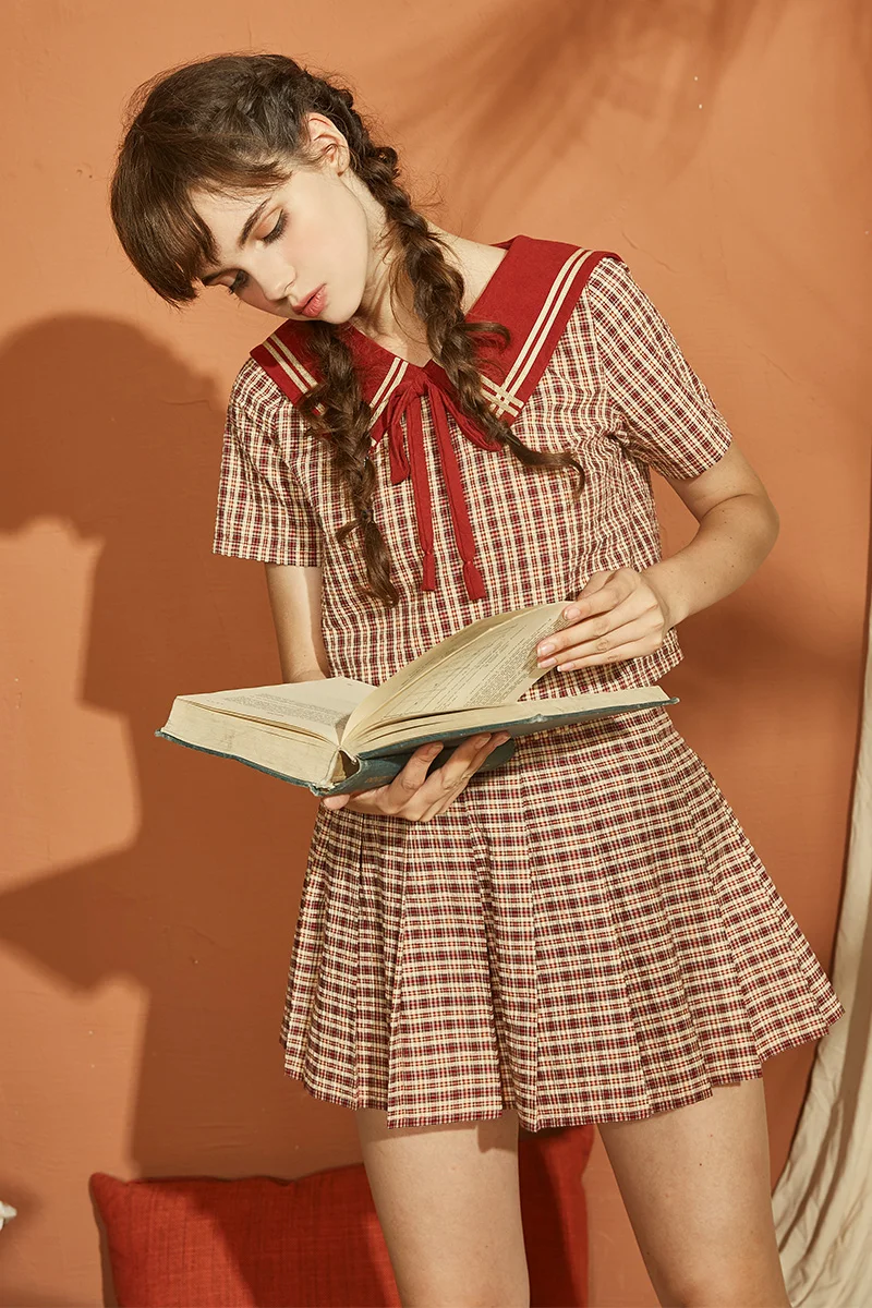 2018 Женская юбка в стиле &quotЛолита&quot новая клетчатая костюм из двух предметов |