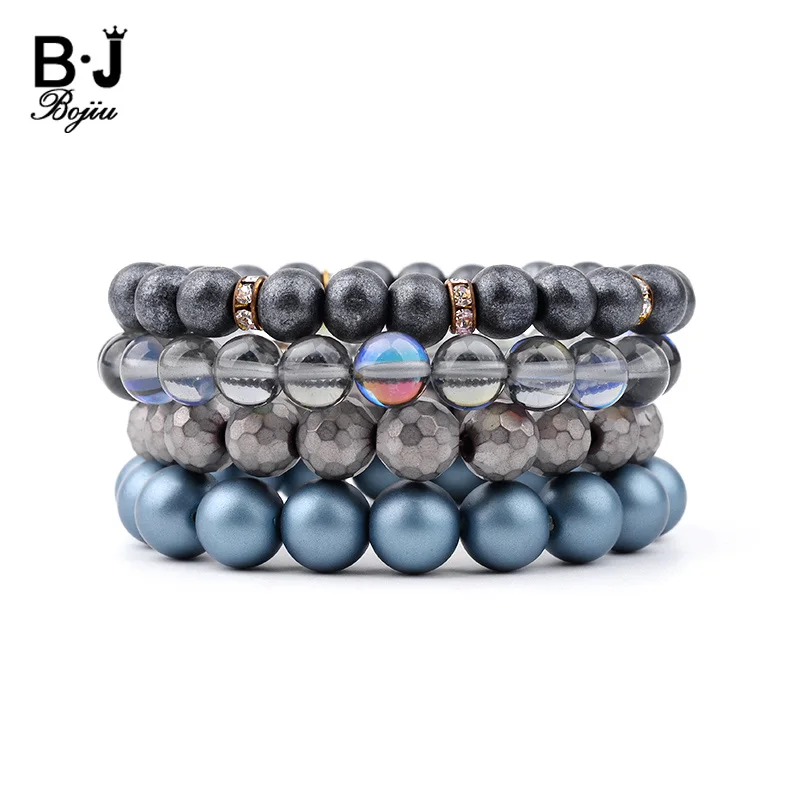 

BOJIU 4 Pcs/Set Womens Multilayer Bead Bracelet Gray Hematite Black Wood Glass Beads Lt. Blue Stone Bracelets Jewelry BCSET171