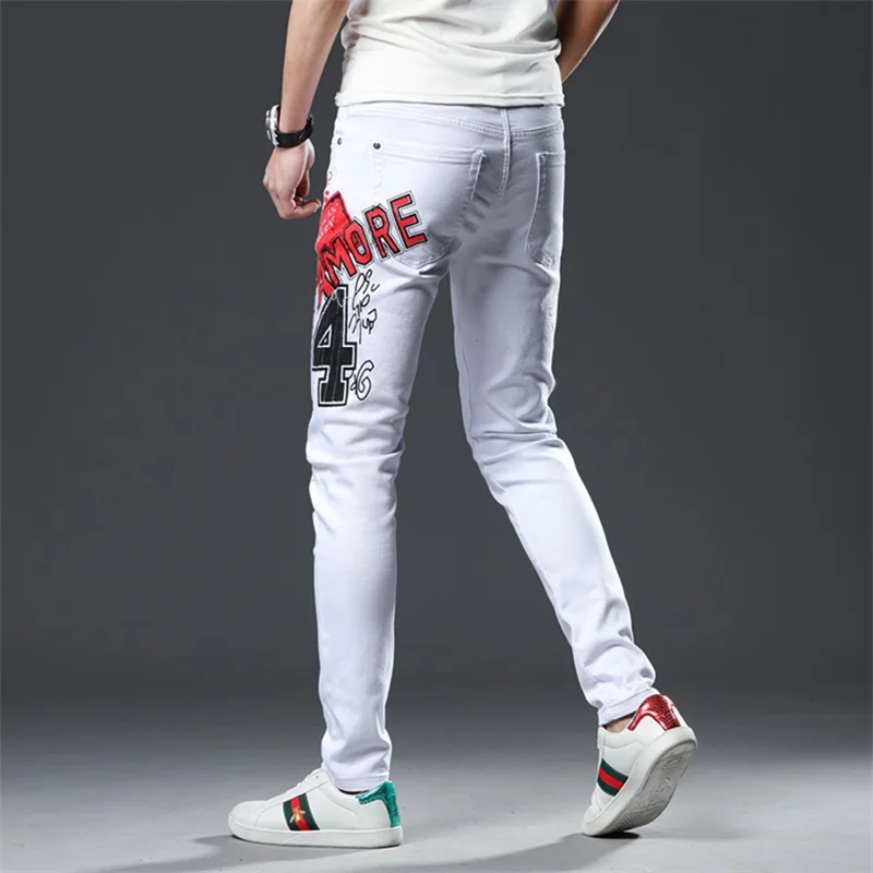 

Spring new jeans men 100% Cotton letter printing fit slim Pencil pants ripped high quality Classic Design white jeans men #209