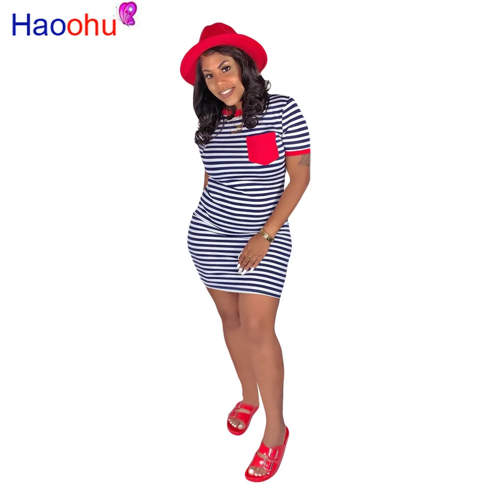 

Navy White Striped Sexy Slim Fit Dress For Women Round Neck Short Sleeve Bandage Dress Summer Female Pockets T Shirt Party Dress