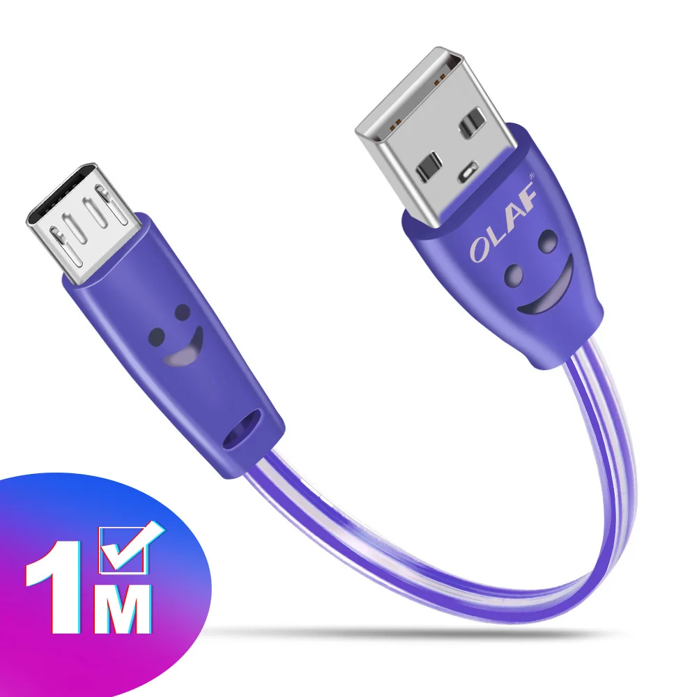 Олаф микро USB кабель 1 м светодиодный светильник Быстрая зарядка Microusb зарядное устройство шнур для samsung Xiaomi Redmi 4 Note 5 Honor Android Phone - Цвет: Синий