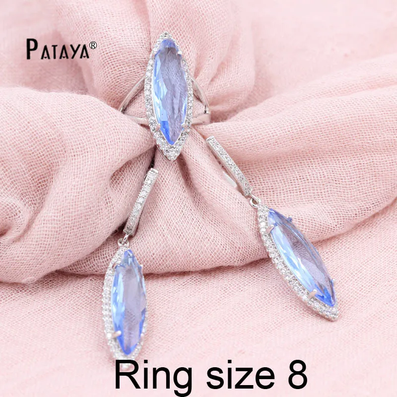 light blue8 PATAYA светильник, набор ювелирных изделий из синего настоящего белого золота, натуральный кубический кристалл циркония, модные большие серьги, кольца, наборы свадебных ювелирных изделий - Окраска металла: light blue8