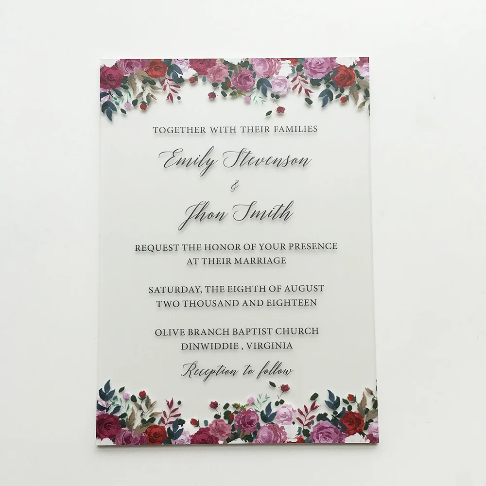 

100 Pieces Per Lot Unique Floral Watercolor 5x7inch Frosted Acrylic Wedding Invitation Card