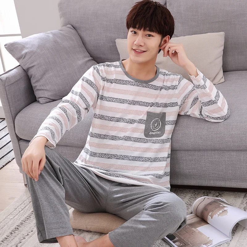 Cotton Pajama Men Пижамы для сна, мужские пижамы с длинными рукавами и круглым вырезом, одноцветная одежда для сна, пижамы для мужчин, зимняя Пижама для мужчин 4XL - Цвет: Cotton Pajama Men