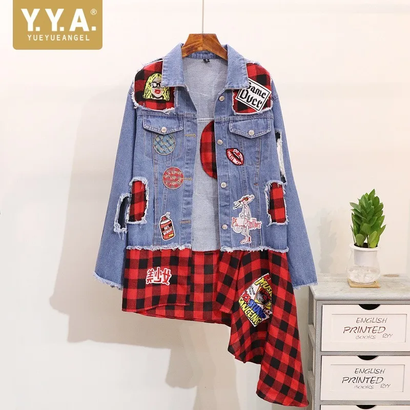 Асимметричная джинсовая рубашка в красную клетку лоскутные нашивки Epaulette