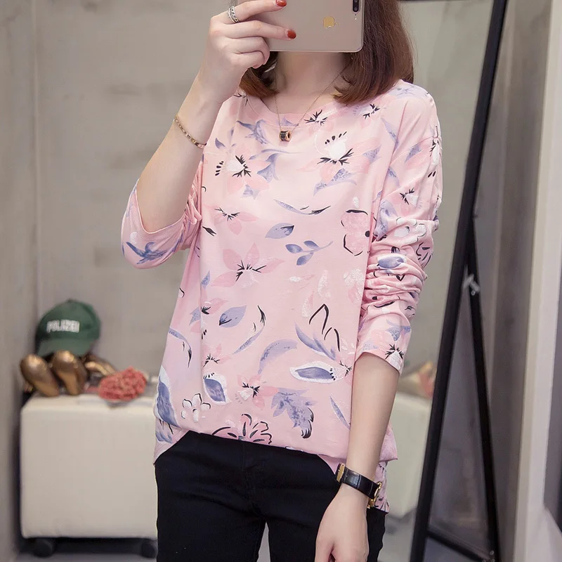 Pink Большие размеры, хлопок женские футболки с цветочным рисунком, осенняя одежда, модные эстетические тройник топы, футболки с графическим принтом, женские футболки в Корейском стиле, одежда больших размеров - Цвет: Pink