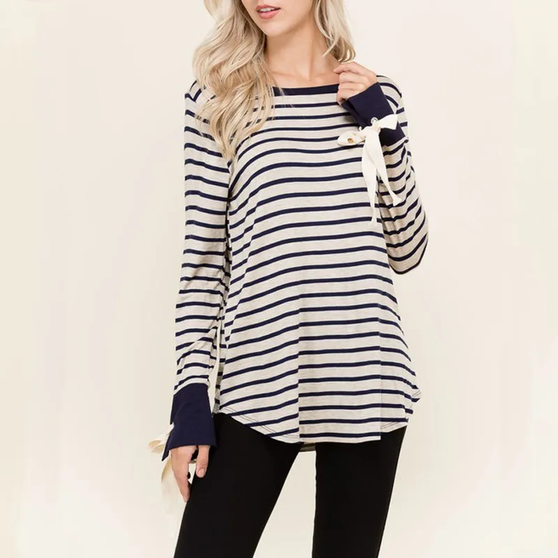 Женские Модные Футболки для женщин 2017 хлопок футболка в полоску с длинными