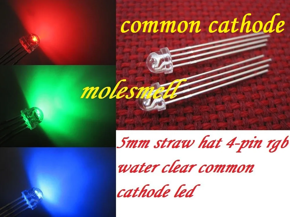 100pcs 5mm Straw Hat 4-Pin Tri-Color RGB Common cathode Red Green Blue LED Leds 5mm StrawHat RGB water clear led lamp