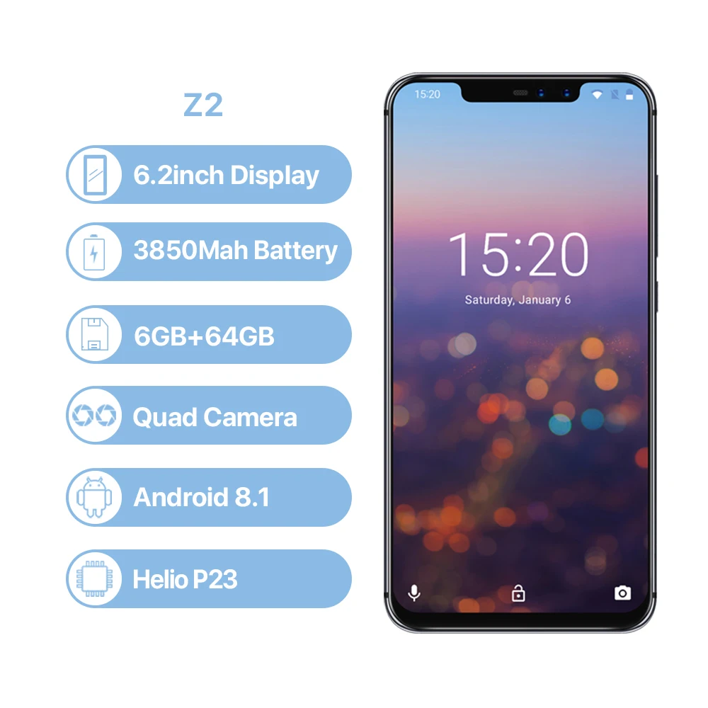 UMIDIGI Z2 глобальная версия Android 8,1 6," FHD+ полный дисплей Helio P23 6 ГБ+ 64 Гб 4 камеры 16 Мп+ 8 Мп 3850 мАч Face ID 4G смартфон
