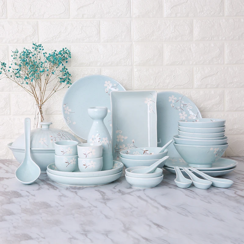 30 шт. японская классическая керамическая синяя и розовая кухонная миска для риса