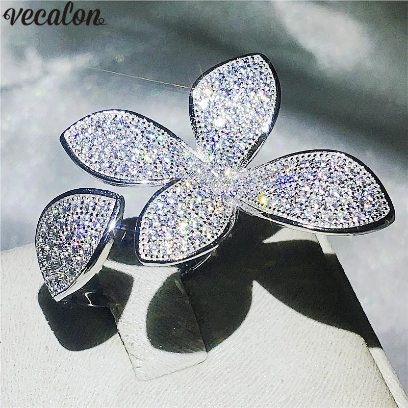 

Vecalon Hanamde Flower Party ring Pave setting 5A Zircon Cz 925 Sterling Silver Engagement Wedding Band rings for women Jewelry