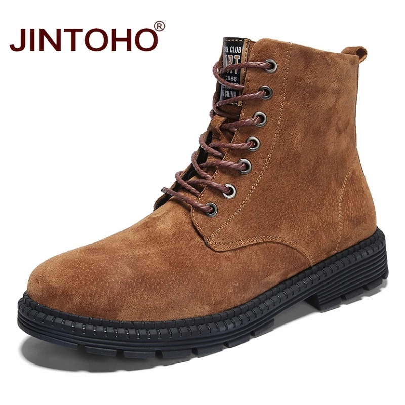 brown JINTOHO/мужские зимние ботинки из натуральной кожи; модная мужская зимняя кожаная обувь; кожаные ботинки до середины икры для мужчин; Zapatos De Hombre - Цвет: brown