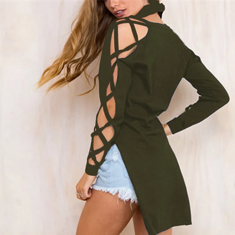 Army Green Cellumia Mujer Verano, женская сексуальная открытая футболка с длинным рукавом и v-образным вырезом, женские длинные рубашки с разрезом по бокам, летние блузы S-3XL - Цвет: Army Green