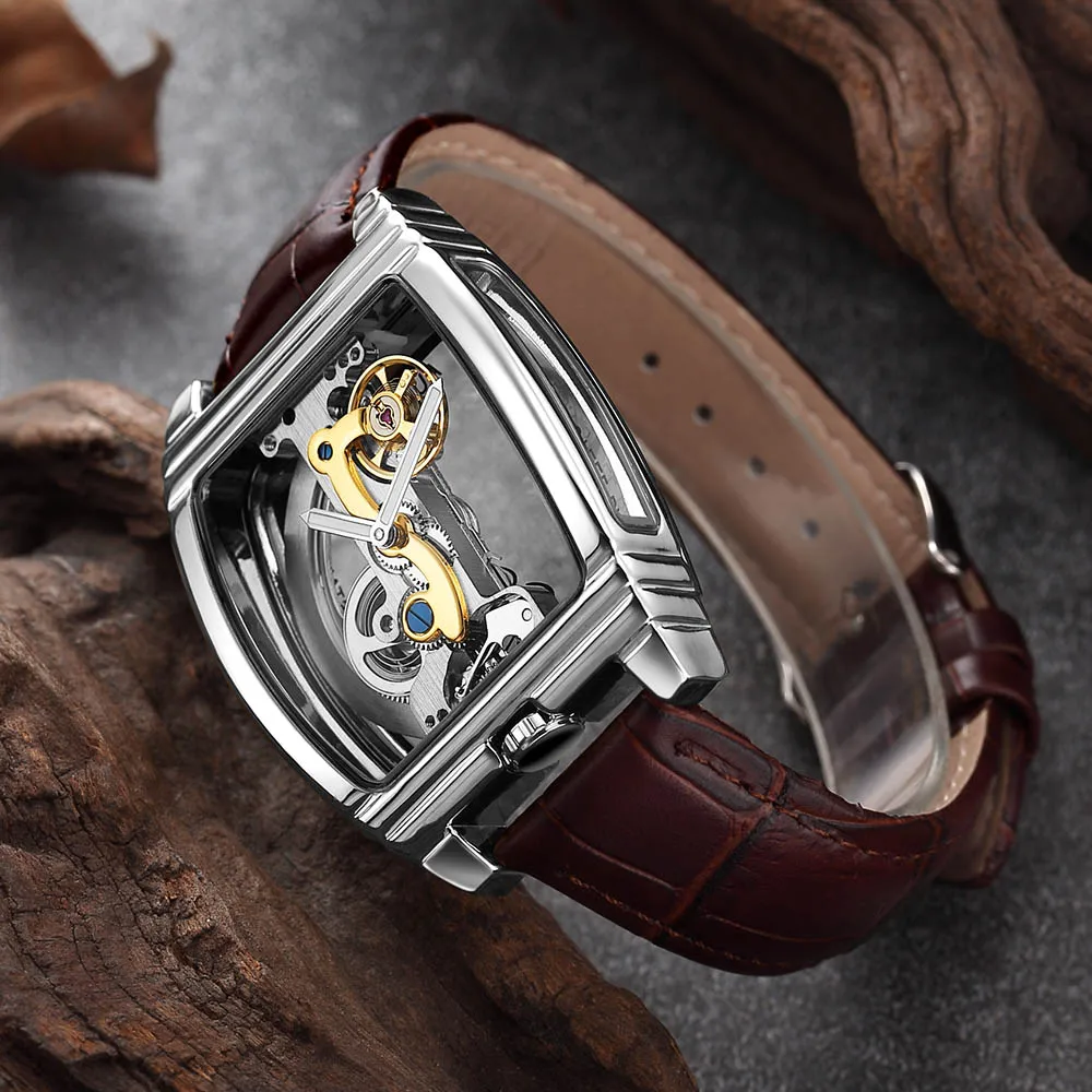 Mechanical watch 6 Прозрачные автоматические механические часы для мужчин стимпанк Скелет Роскошные шестерни с автоматическим заводом Кожа Мужские часы montre homme - Цвет: Mechanical watch 6
