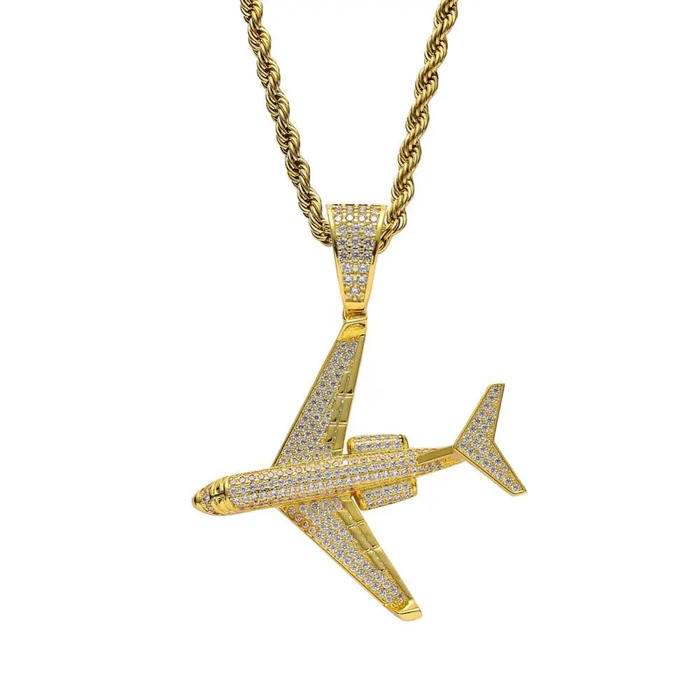 Латунь CZ Самолет Форма Подвески Iced Out хип хоп Ожерелье для мужчин и женщин золотой цвет серебряный цвет CN134 - Окраска металла: gold color