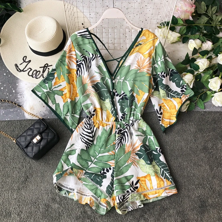 Зеленый Boho короткий женский комбинезон, пляжный, v-образный вырез, открытая спина, Корейская Сексуальная Шифоновая туника с цветочным принтом размера плюс, летние женские комбинезоны, комбинезоны - Цвет: Зеленый