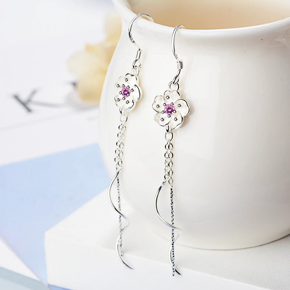 

XIYANIKE Classic Plum Flower Crystal Earrings Fashion Simple 925 Sterling Silver Long Ear Line Drop Earrings For Women VES7186