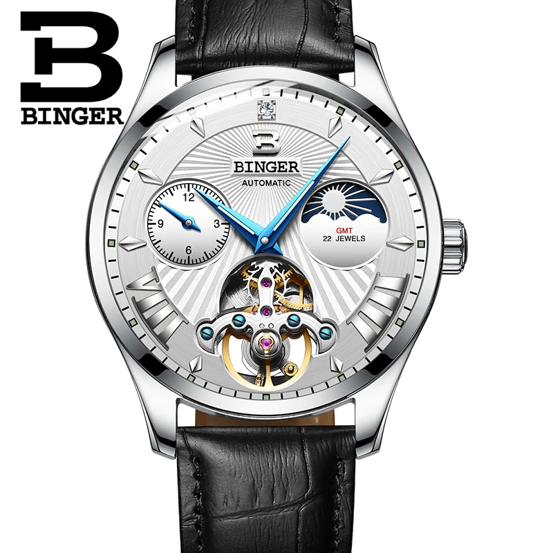 Мужские автоматические часы BINGER Tourbillon модные механические с сапфировым месяцем
