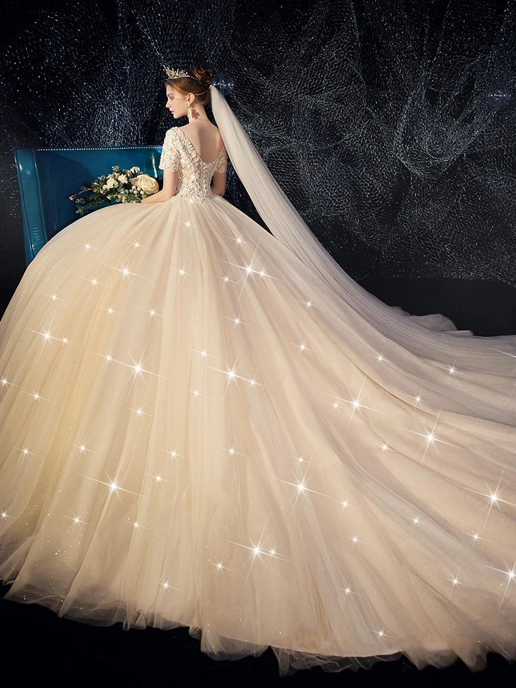 Женское блестящее платье Vivian's Bridal кружевное с коротким рукавом и треугольным