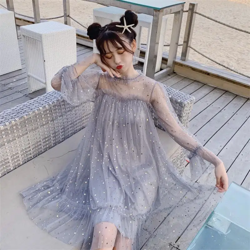 Повседневное винтажное свободное блестящее платье со звездами женские милые платья Ins Chic Kawaii Girl Милая