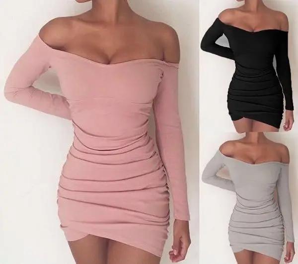 2018 BKLD Long Sleeve Mini Dress Womens Autumn Winter Dresses Women Sexy Party Black Pink Grey Off the shoulder Bodycon | Женская одежда