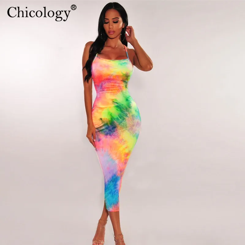 Chicology tie dye облегающее женское платье миди 2019 летнее соблазнительное с открытой