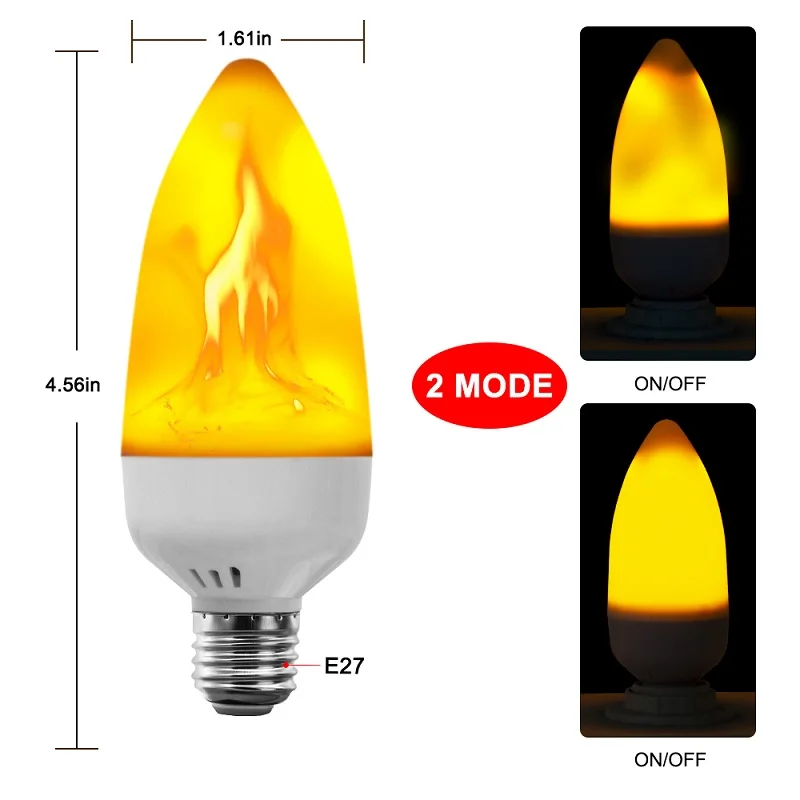 E27 2 Mode 6W E26 E27 Светодиодный светильник с эффектом пламени SMD2835, имитирующий мерцание 1 и 4 режима, светодиодный светильник с эффектом пламени E14 1200K~ 1400K AC85V~ 265V - Испускаемый цвет: E27 2 Mode 6W