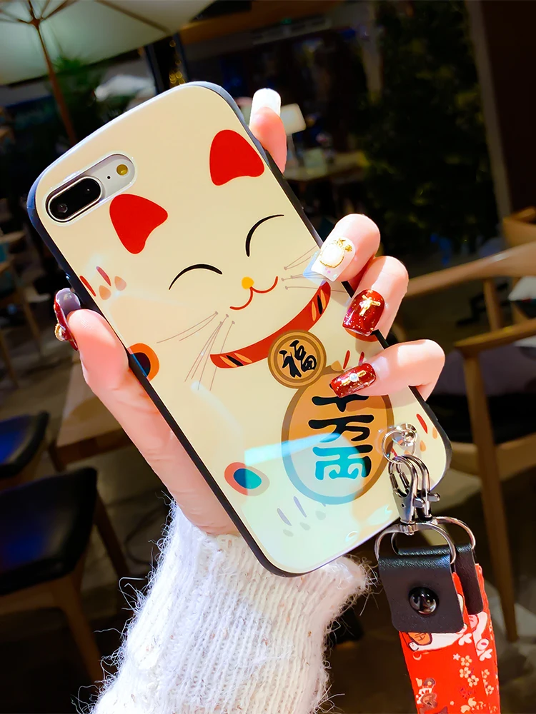 For iphone 11 Pro Fortune Cat Shield Case Lucky Soft cover XS max X XR 6 6s 6sp 7 8 plus Maneki Neko +straps |
