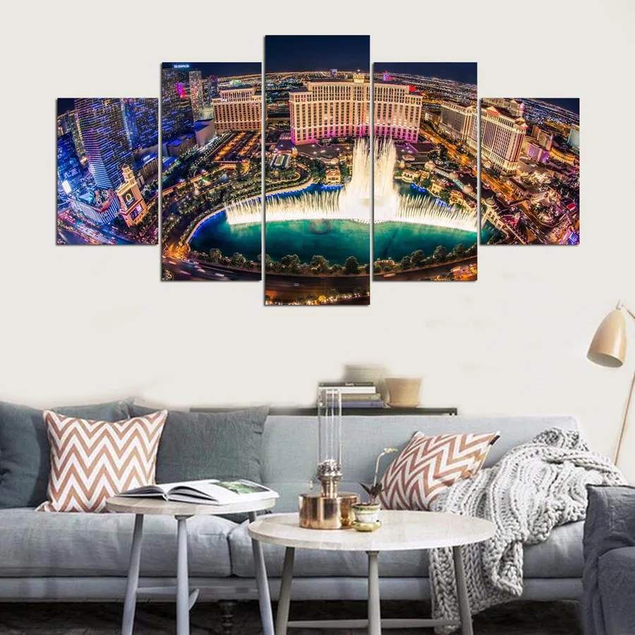 

Modern Top-Rated Canvas Print Wall Art Pictures 5 Pieces Home Decorative Building Bellagio Night View Poster Artwork Painting