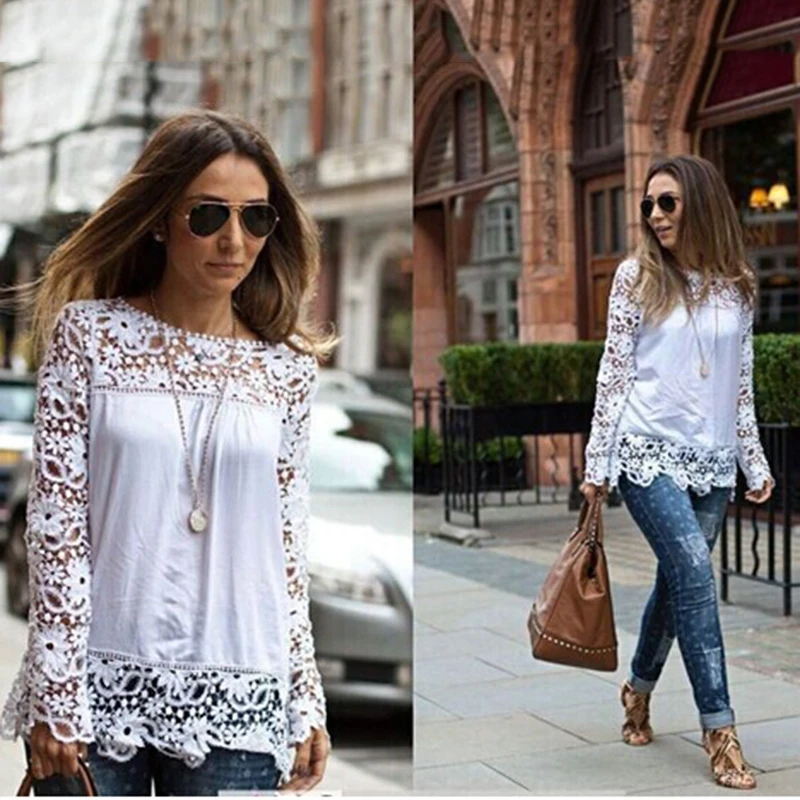 2016 Новый Женский Белый Вязание Крючком Кружева Рубашки Женщины Цветочные С