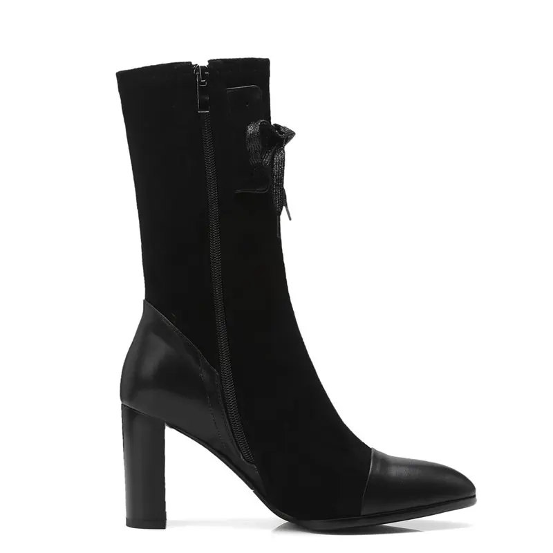 

Smeeroon 2020 new arrival fashion autumn boots women pointed toe stretch fabric+cow leather boots high heels mid calf boots