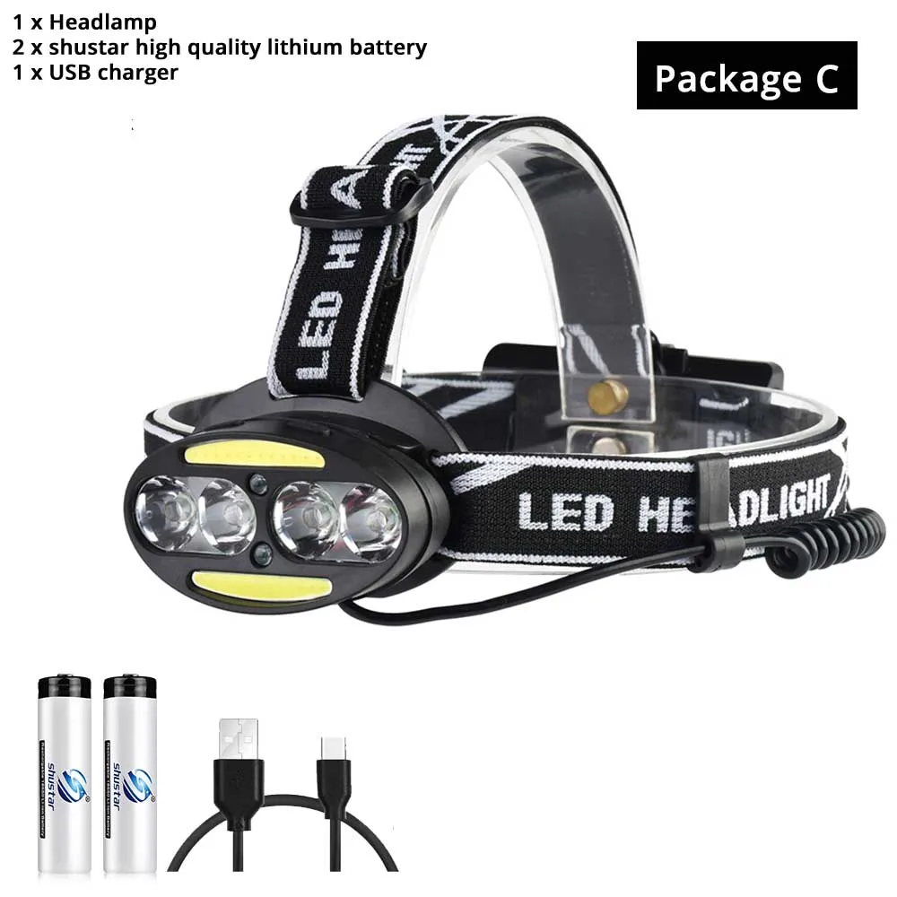 Package C Супер яркий светодиодный налобный фонарь 4 x T6+ 2 x COB+ 2 x Красный светодиодный водонепроницаемый светодиодный налобный фонарь 7 режимов освещения с зарядным устройством - Испускаемый цвет: Package C