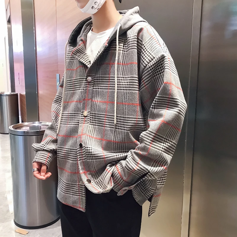 2018 Новая мода Городской Серый мозаичный решетки мужская куртка с капюшоном