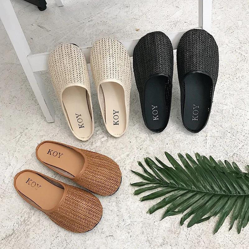 Летние женские тапочки из тростника Обувь для улицы Шлепанцы на плоской подошве