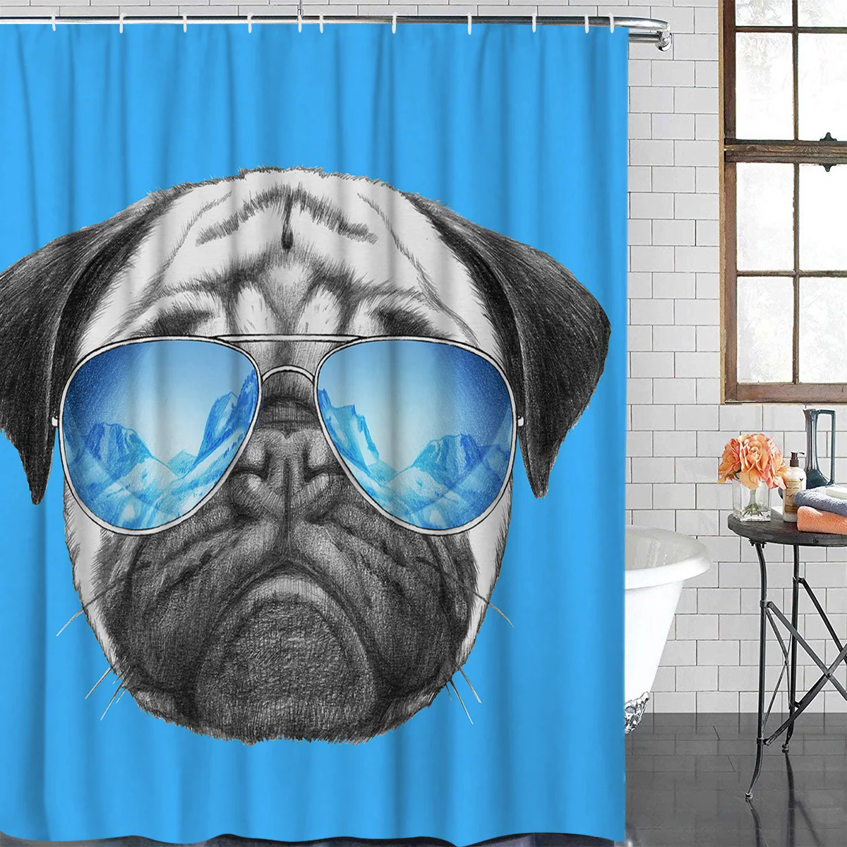 OURHouse Мопс с синими солнцезащитными очками ткань для занавесок душа наборы ванной