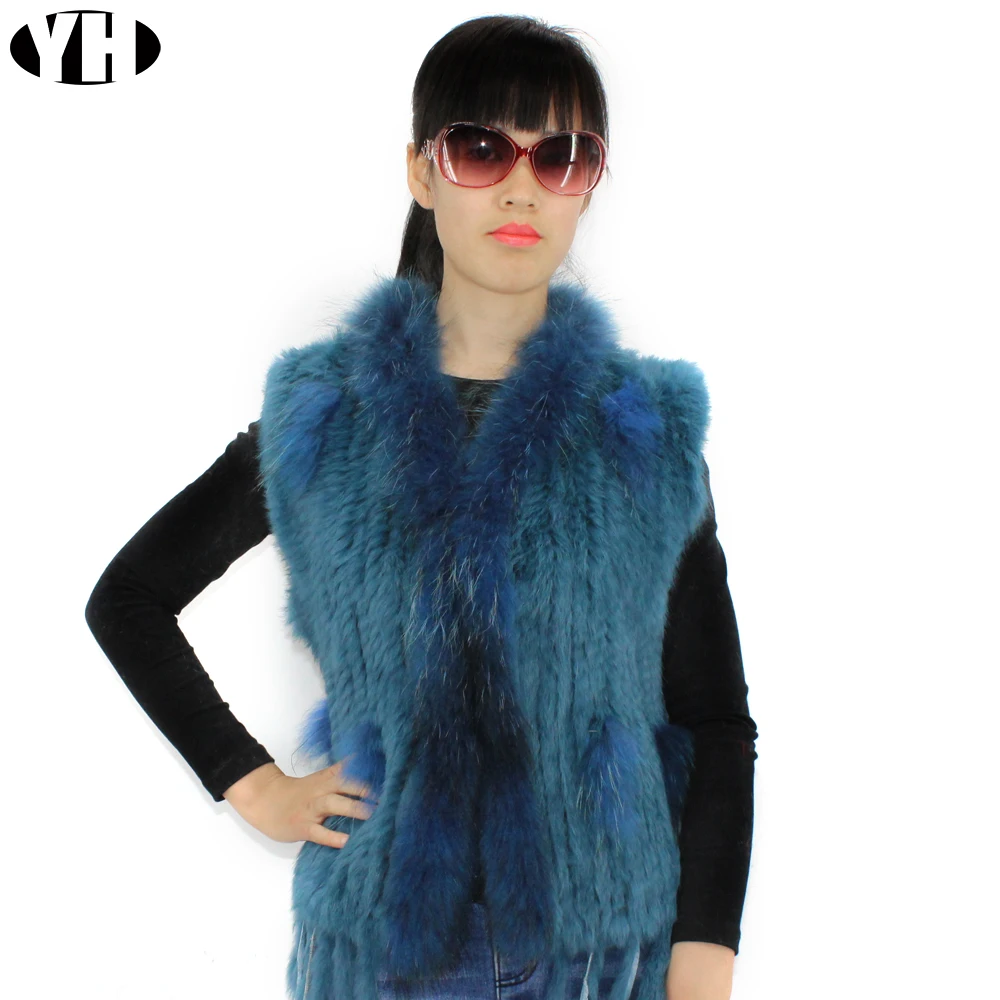 Зимний женский жилет из натурального кроличьего меха с воротником енота Женская