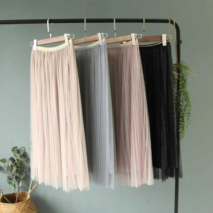 Женские блестящие юбки ALPHALMODA плиссированные длинные до середины икры для весны и