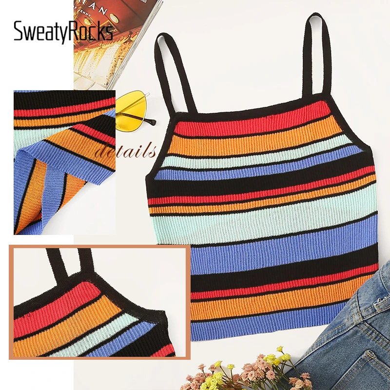 SweatyRocks/женский трикотажный топ в радужную полоску, лето, уличная одежда, Стрейчевые женские короткие топы в стиле бохо, облегающие разноцветные сексуальные майки