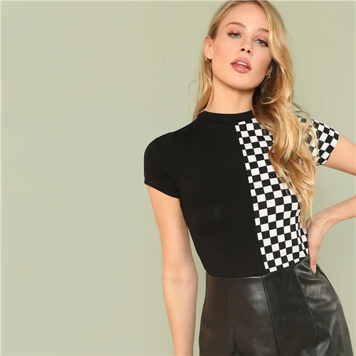 SHEIN черная и белая клетчатая Повседневная футболка с круглым вырезом и коротким рукавом с цветными блоками Летняя женская элегантная Футболка Топ - Цвет: Black and White