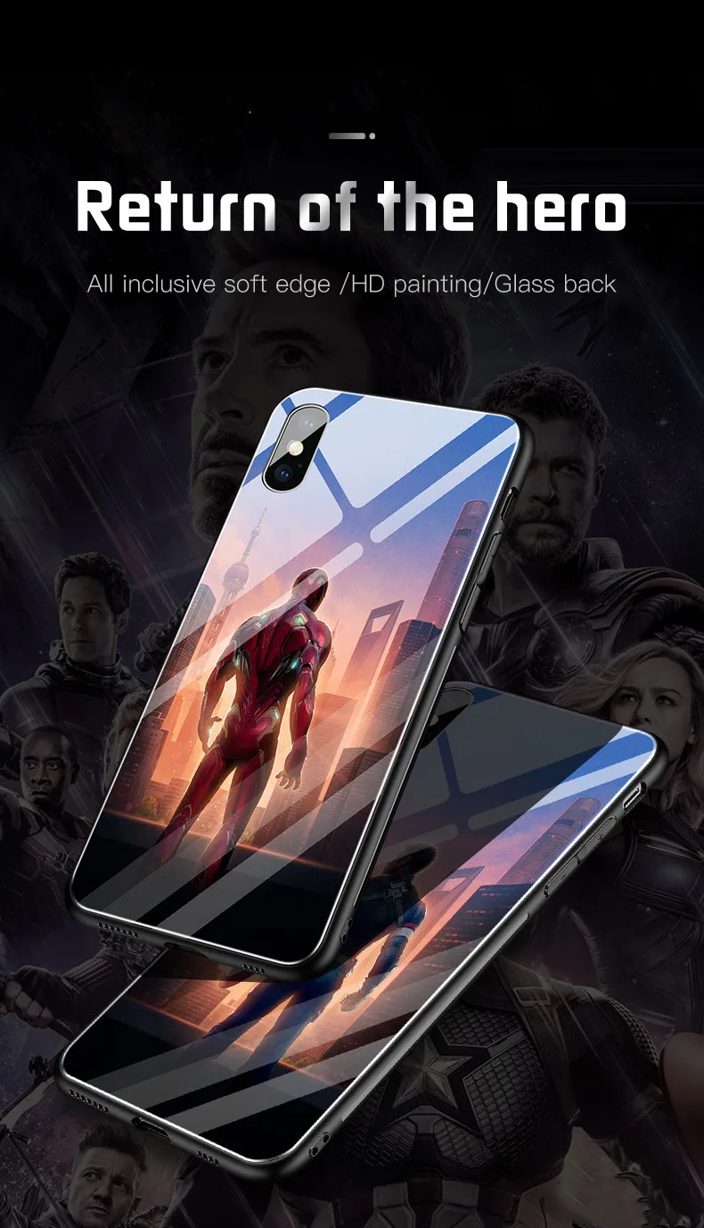 Marvel Coque роскошный стеклянный чехол для телефона Железный человек Америка Капитан силиконовый чехол для iPhone 6 6s 7 8 Plus X XS Max XR Мстители Funda