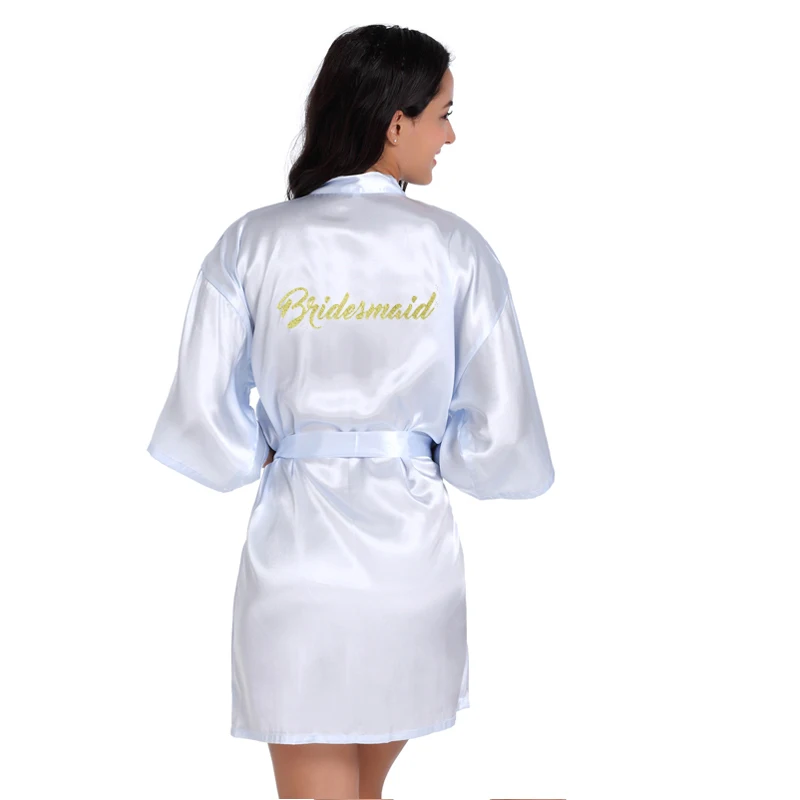 Lightblue Bridesmaid Кимоно для невесты с золотым блестящим принтом и буквенным принтом, женское платье из искусственного шелка для девичника, свадебные вечерние халаты - Цвет: Lightblue Bridesmaid