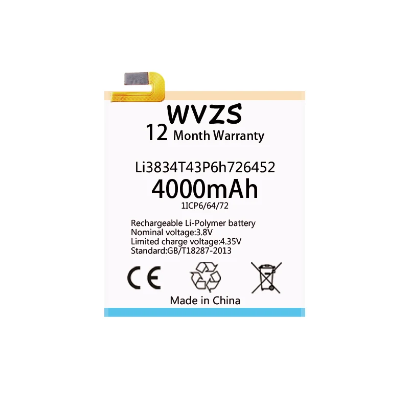 Wvzs 4000 мАч литий-полимерный аккумулятор Батарея Li3834T43P6h726452 для МТС Smart Run 4G/zte лезвие