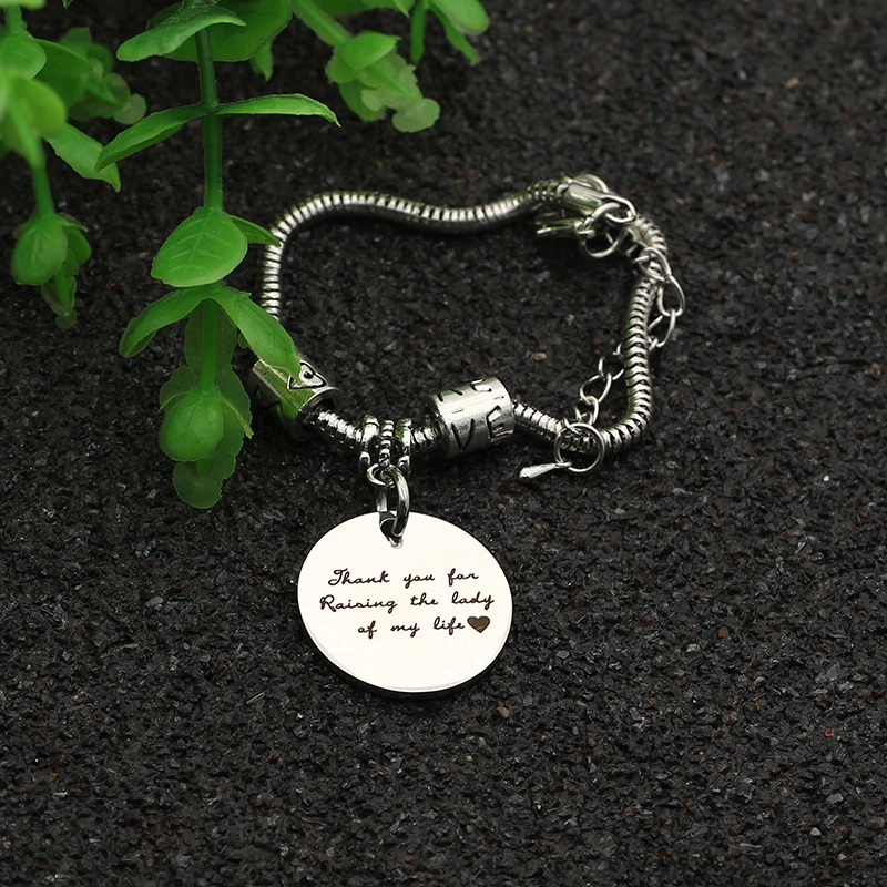 XIAOJINGLING 'Thank you for Raising the Lady of my life' Charm Bracelet Stainless Steel Fashion Women Jewelry Mother-in-law Gift |